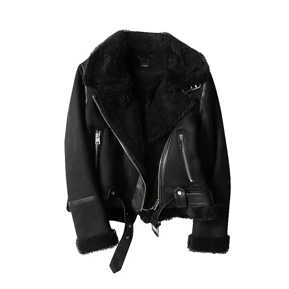 Winter Women Thick Warm Suede Lamb Jacket Short Motorcycle Brown Coats Faux Shearling Sheepskin Leather Jackets Outwear