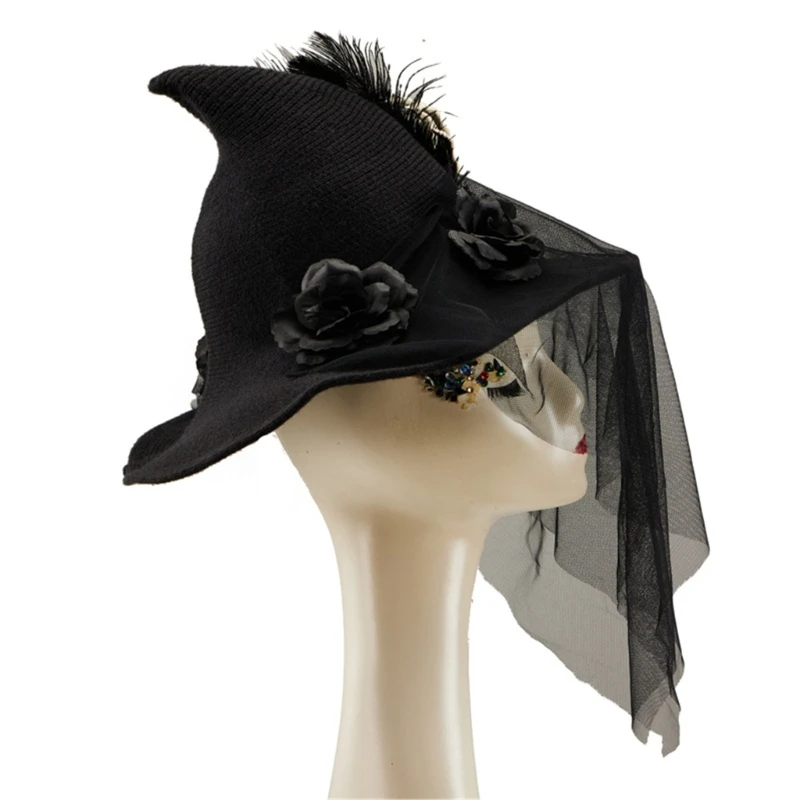 Flower Witch Hat for Adult Skull Hand Veil Applique Hat for Masquerades Cosplay DXAA