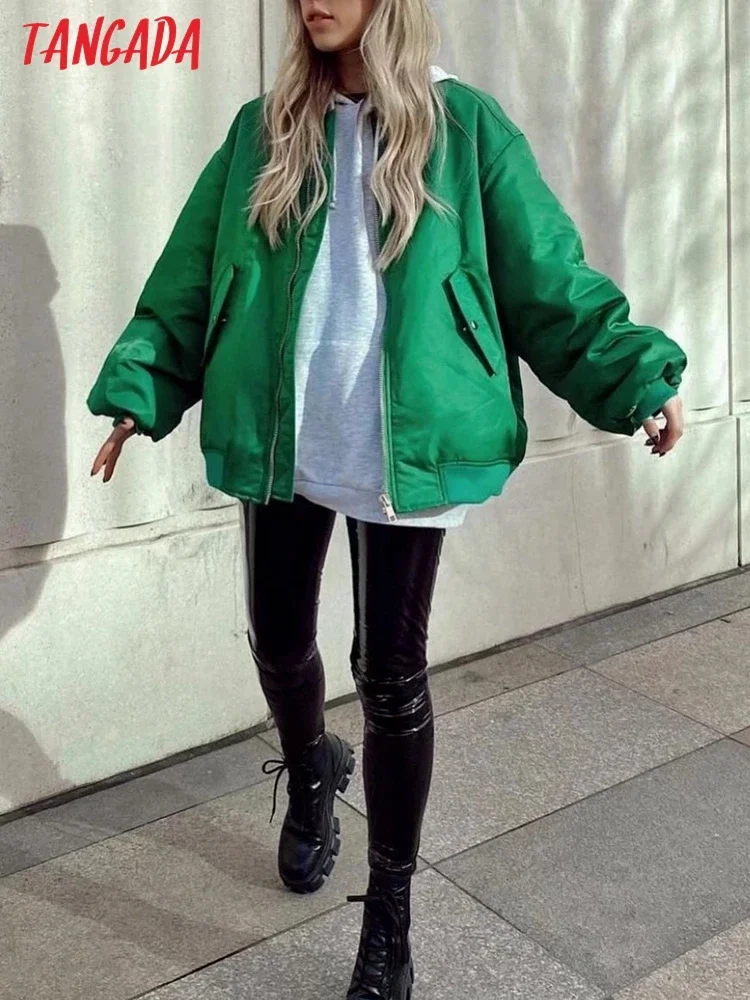 Tangada 2022 Women Green Oversize Parkas Cotton Jacket Long Sleeve Female Padded Overcoat QJ79