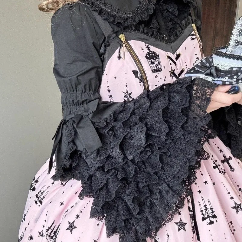 

Винтажная кружевная лоскутная рубашка в стиле Лолиты, женские топы с воротником Питера Пэна и бантом Y2k, Mujer, новинка лета 2024, черные блузки с длинными рукавами