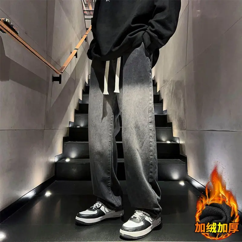 Herbst Und Winter Plus Samt Dicke männer Gerade Bein Jeans Trend Lose Amerikanischen Retro High Street Casual Breite Bein Hosen