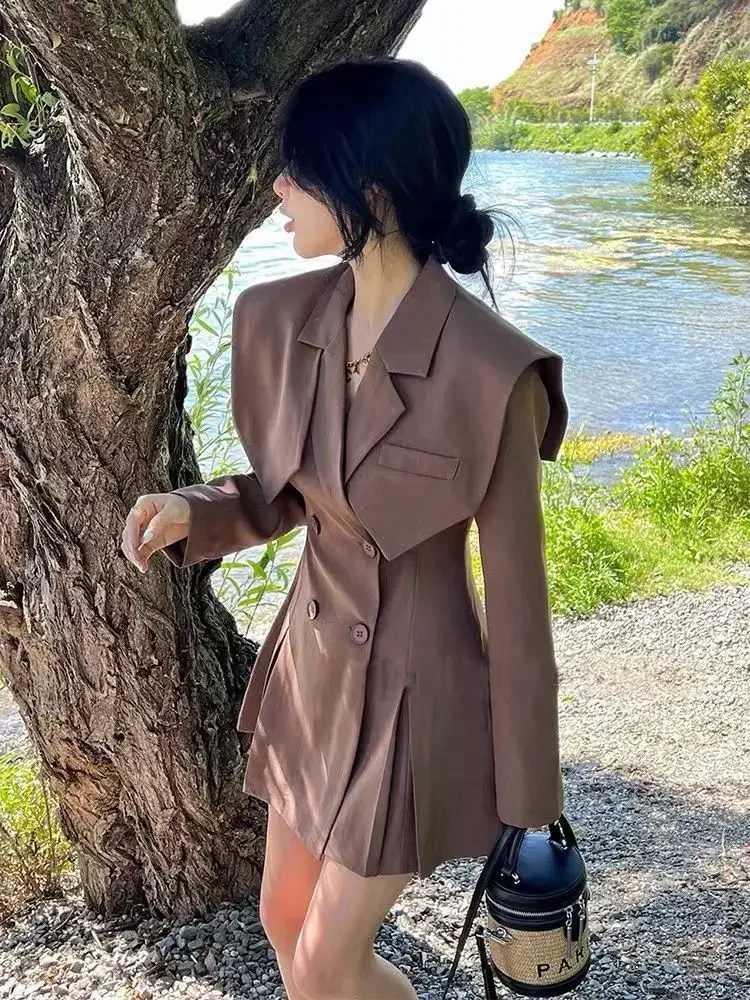 Vestido Vintage de manga larga para mujer, traje de cuello azul marino, cintura de viaje, doble botonadura, línea A, hasta la rodilla, Mini vestidos de otoño