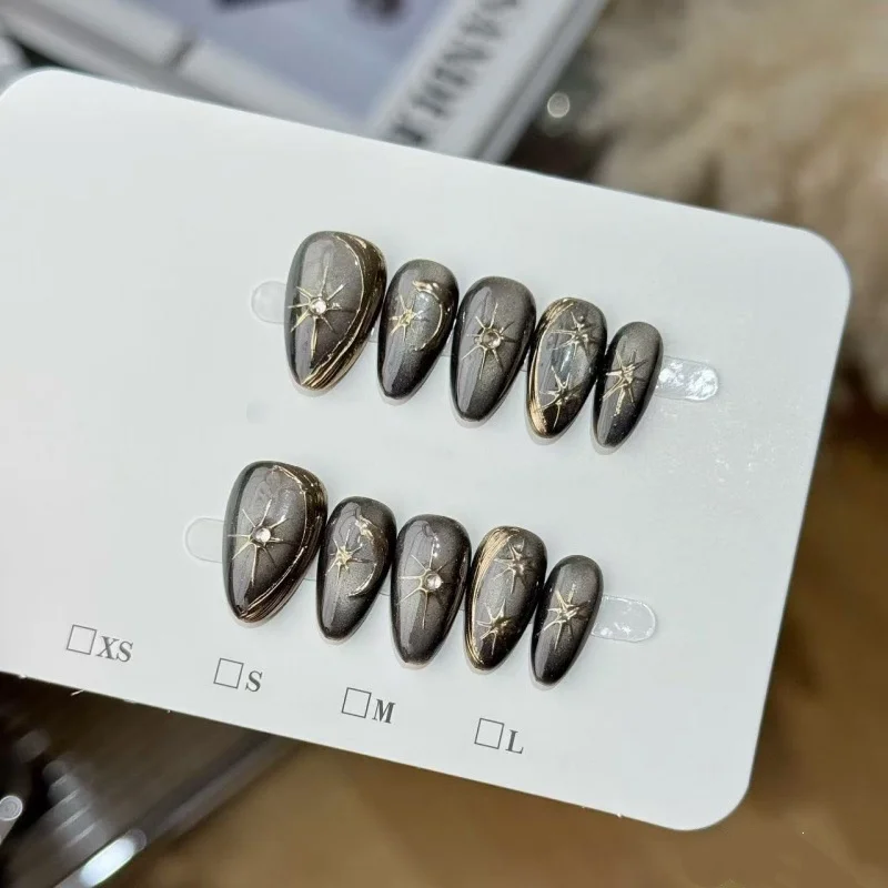 

10pcs Cat's Eye Star Moon Fake Nails Tips Handmade Short Press on Nails Rhinestone Design Almond Full Cover Wearable False Nails