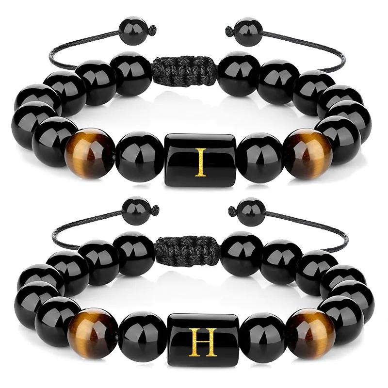

Personalized Initial Letter Bracelet with Natural Tiger Eye Stone Adjustable Black Onyx Beaded Bracelets for Couple Jewelry Gift
