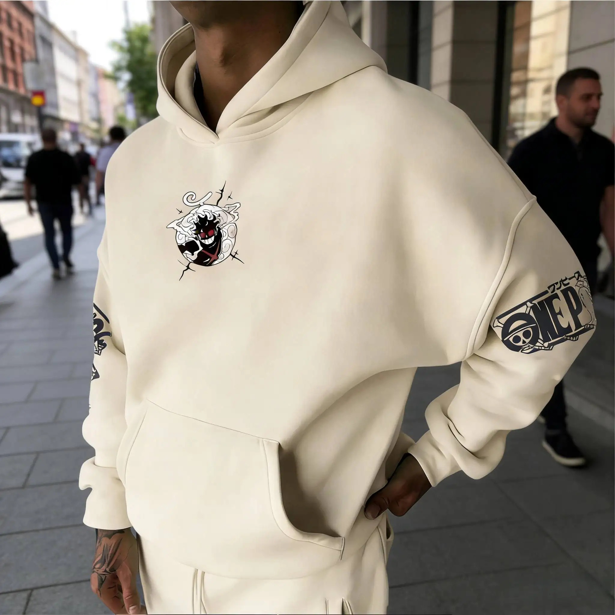 طقم سراويل لوفي بغطاء للرأس من قطعة واحدة مكون من قطعتين ملابس شارع كاجوال للرجال مع طباعة شخصية على الظهر والأكمام بدلة رياضية قطنية فضفاضة #2