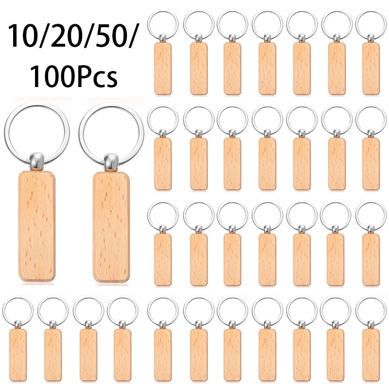 10-100Pcs Wood Keyfob Wooden Keychain Slender Rectangle Wooden Tag