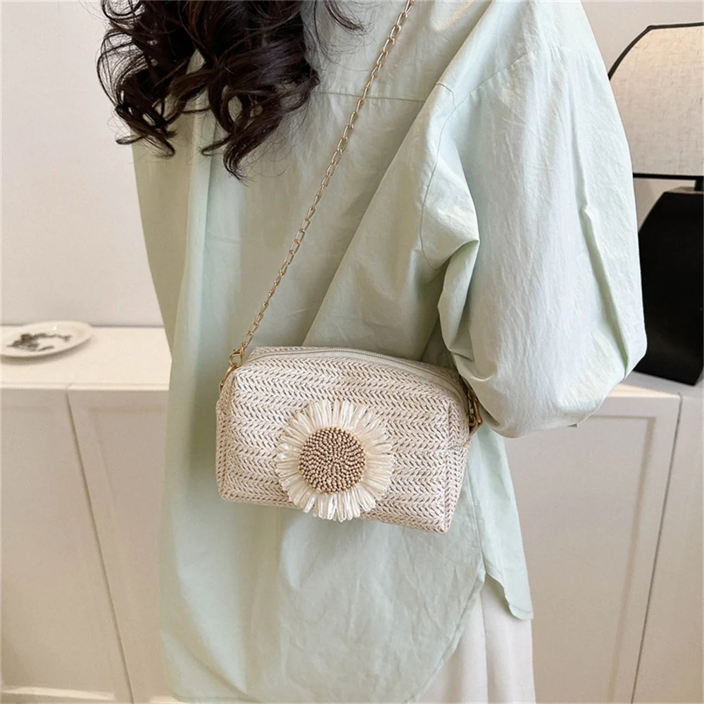 Rattan Woven Straw Bag For Women Adjustable Shoulder Bag Handbag Knit Flower Summer Beach Shoulder Messenger Bags