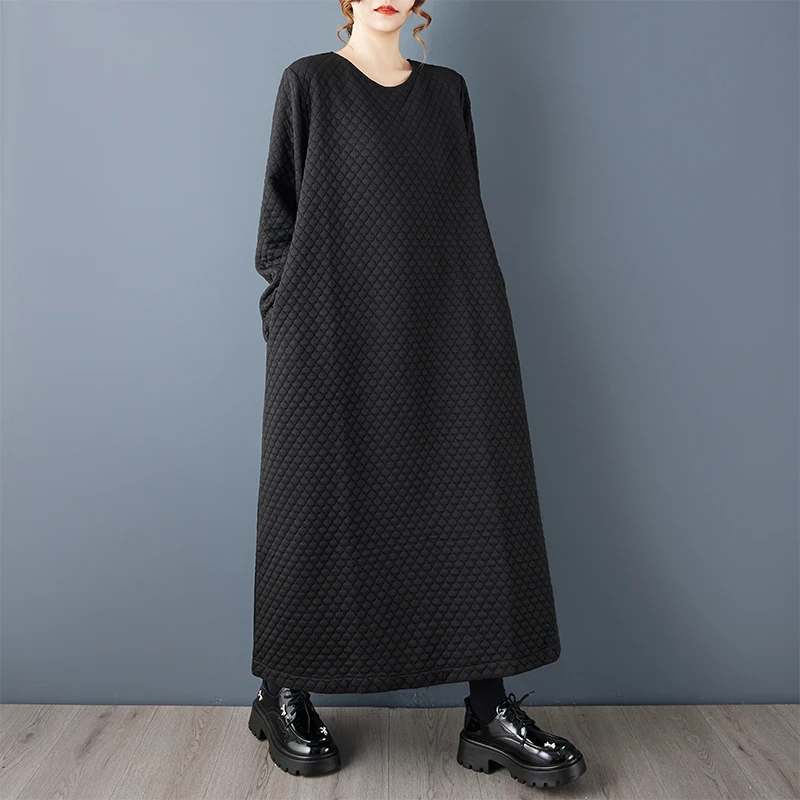 

Dark New Simple Loose Long Dress Women's Knee-Length Casual Cotton Blend Polyester Retro Style Straight Cut Midi Dress