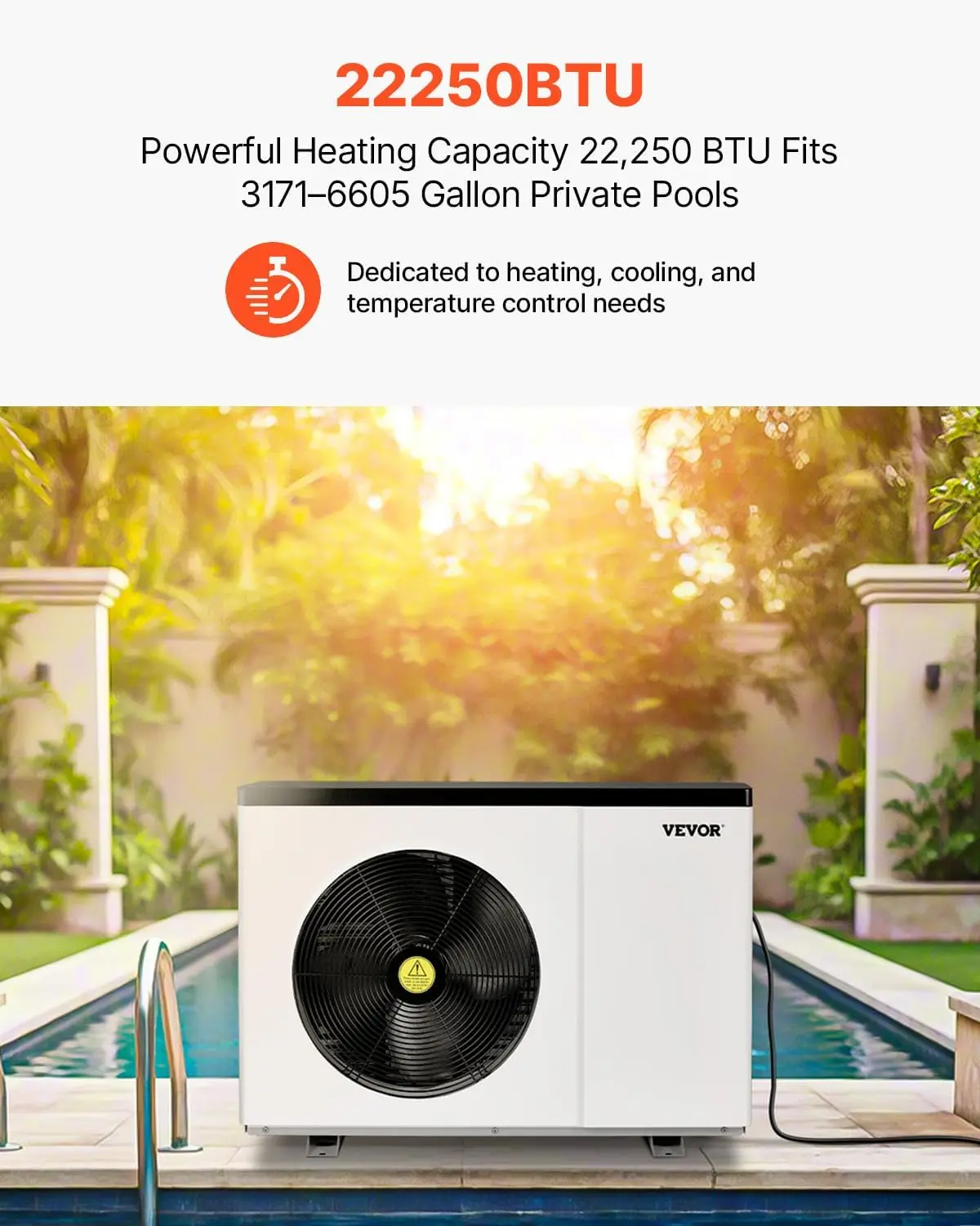 Pool Heat Pump, 22250 BTU Electric Heater for Above Ground and In Ground Pools up to 3,171-6,605 Gallons, Energy Efficient Heati