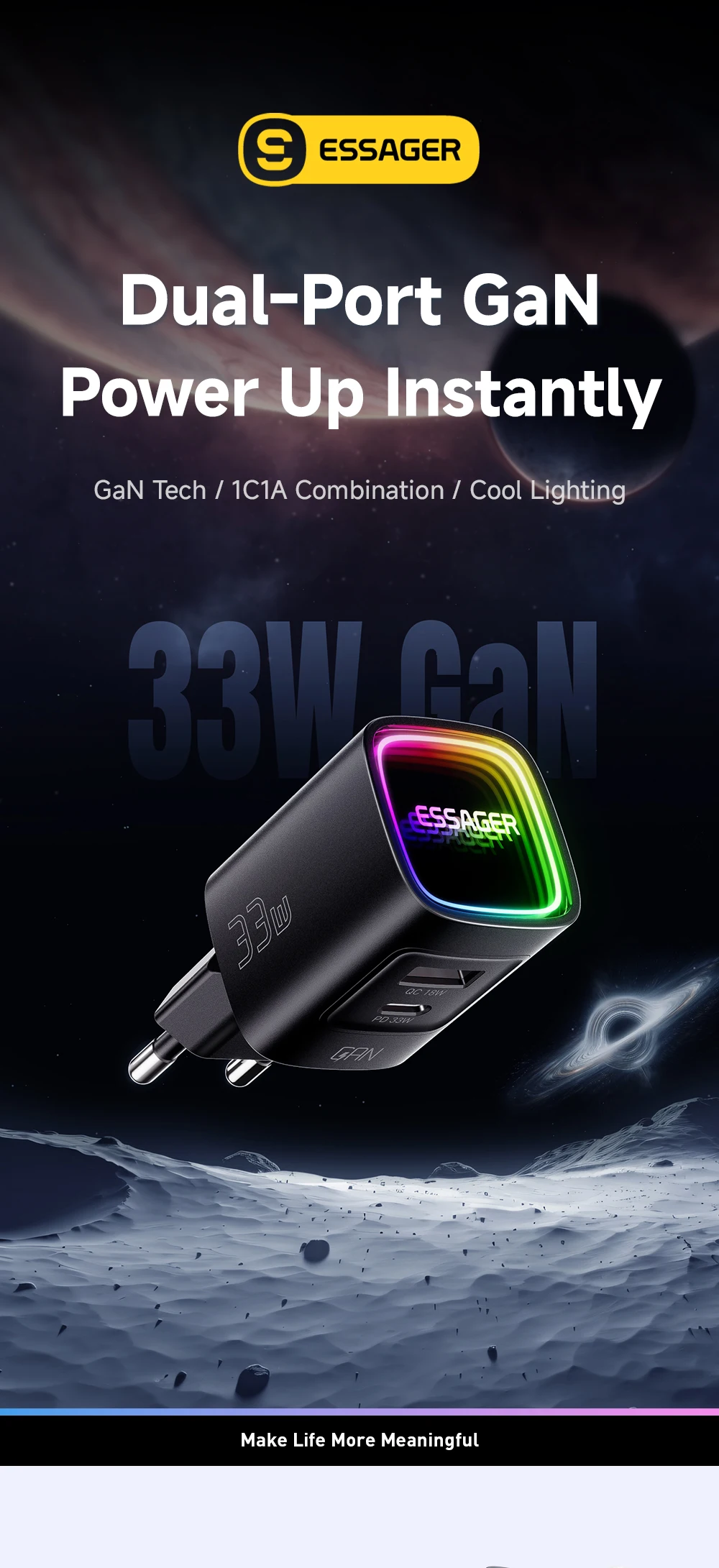 Essager 33W GaN USB Typ-C Ladegerät Tragbares PD-Schnellladegerät für iPhone 17/16/15/14 Pro Max iPad Xiaomi Samsung S25 RGB – Detail 1