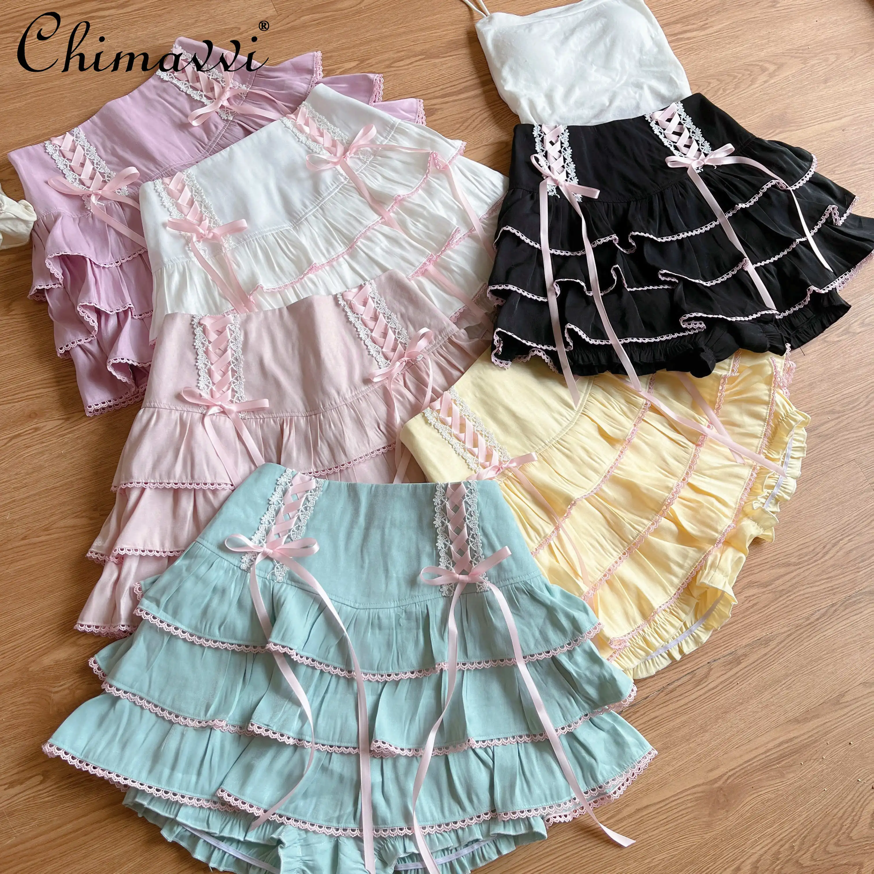 

Japanese Kawaii Lolita Pleated Skirts Women High Waist Pink Bandage Fairy Y2k Skirt Sweet and Cute Girls Above Knee Skirts