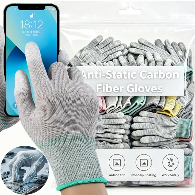 PU Coated ESD Anti‑Static Gloves Carbon Fiber Non‑Slip Elastic Safety Work Gloves for Phone Computer Electronic Parts Repair