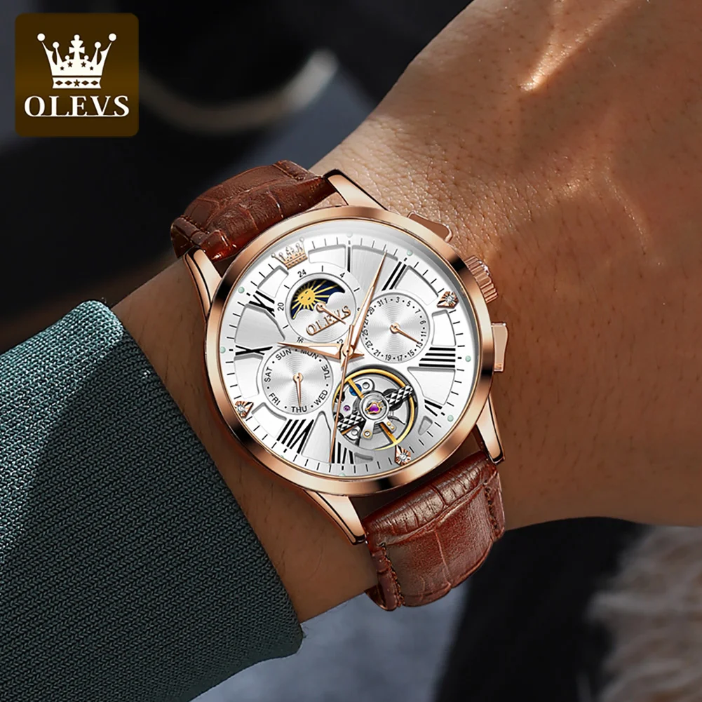 OLEVS Men's Watches Fashion Leather Strap Moon Phase Hollow Flywheel Automatic Mechanical Wristwatch Roman Scale Man Watch 9912