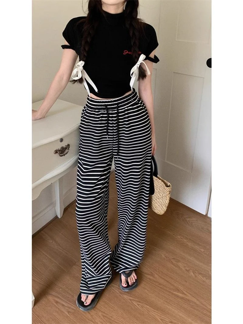 กางเกงขายาวทรงหลวมลายทางเอวสูงสำหรับผู้หญิง รุ่นใหม่สำหรับฤดูหนาว ทรงตรง ผ้าพลิ้ว ยาวคลุมเท้า