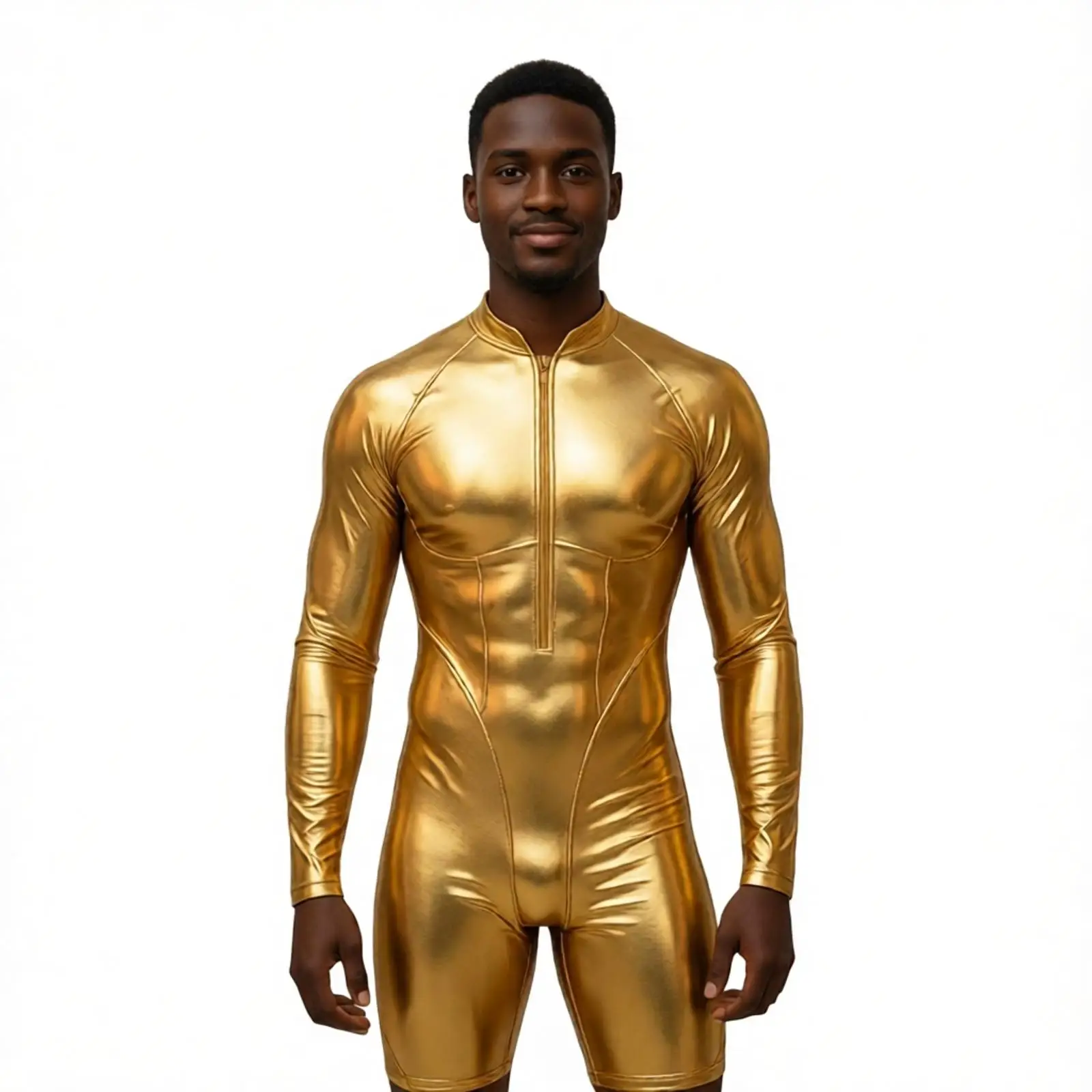 Men Metallic Shiny Disco Dance Gymnastics Bodysuit Long Sleeve Simulated Abdomin Muscle Jumpsuit One Piece Swimwear Clubwear