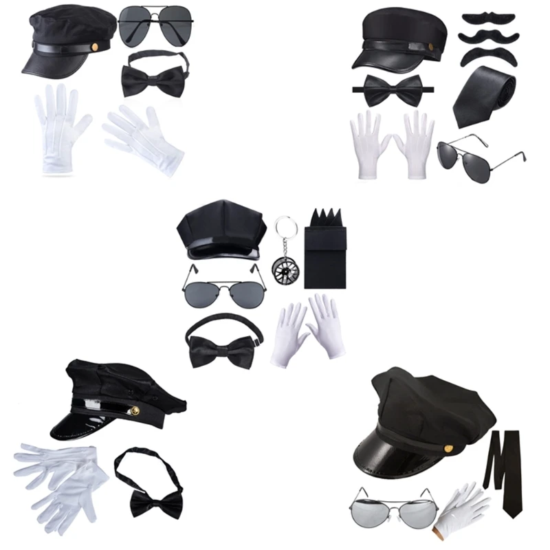 Chauffeur Suit Dariver Hat with Eyeglasses and Gloves Bowtie Set for Halloween Photo Props Party Accessories K3KF