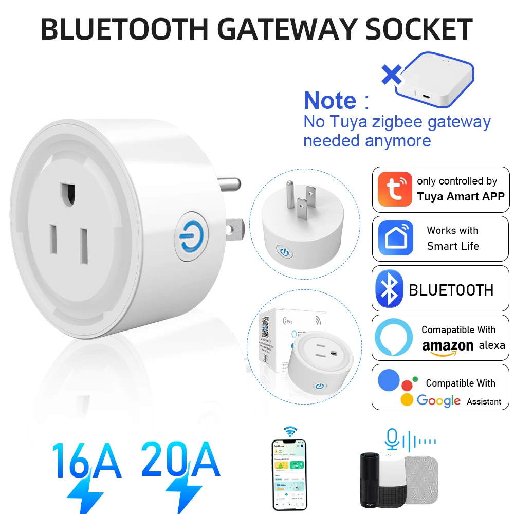 SIXWGH Intelligent Bluetooth Gateway Socket, US, 16A/20A, Intelligent Remote Control, Timer And Countdown Function, Voice Comman