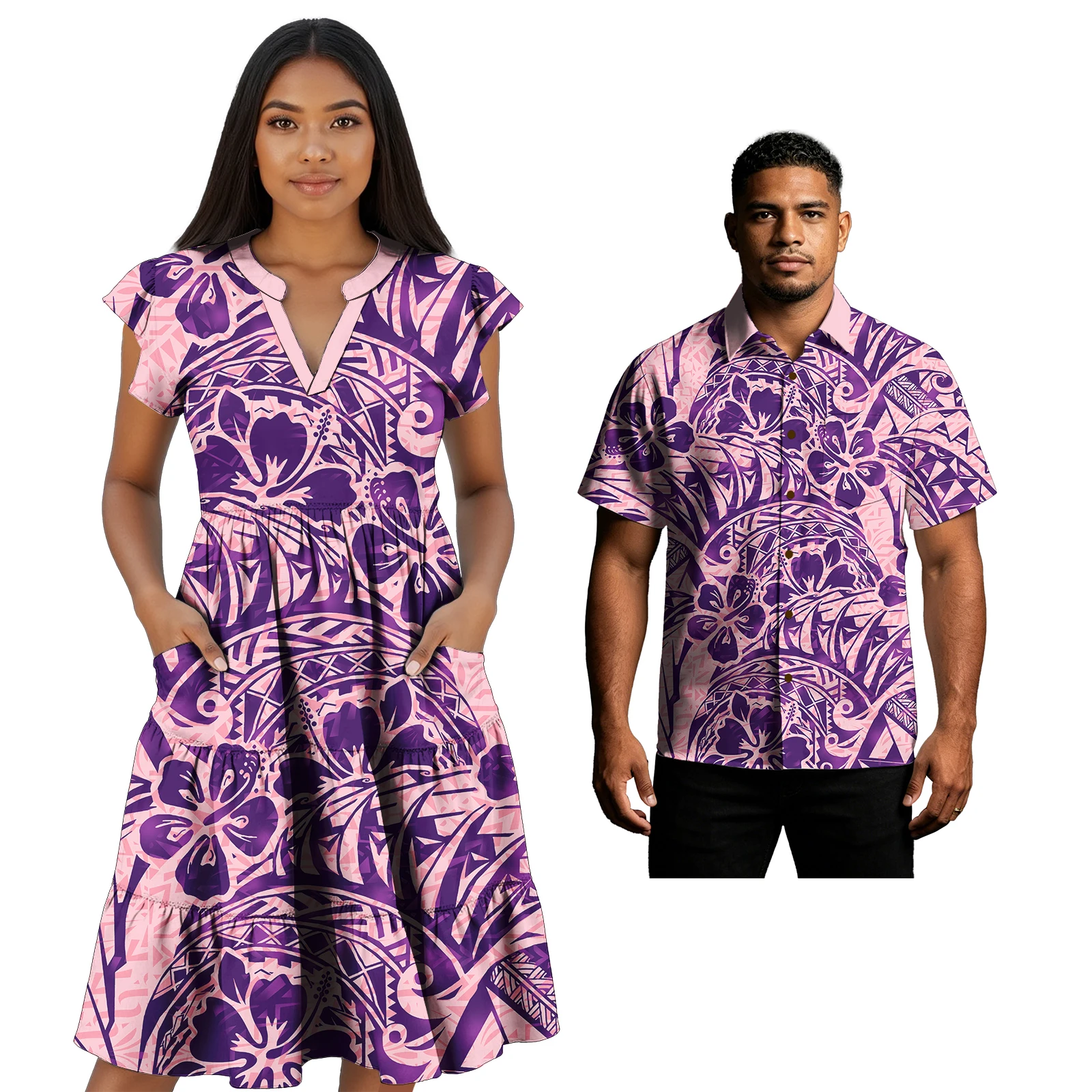 Summer Match Clothes Men Polynesian Island Shirts Floral Print V-Neck Pocket Elegant Women Hawaiian Dress Samoan Couples Outfits