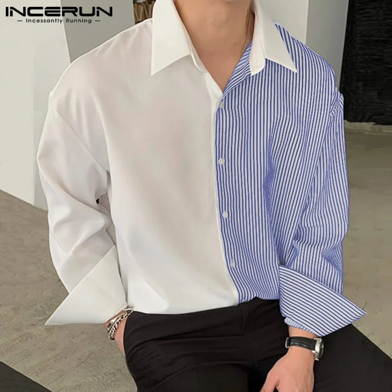 2024 INCERUN Men Korean Fashion Long Sleeve Shirts Harajuku Loose Lapel Tops Commuting Handsome Boy Stripes Splicing Blouses