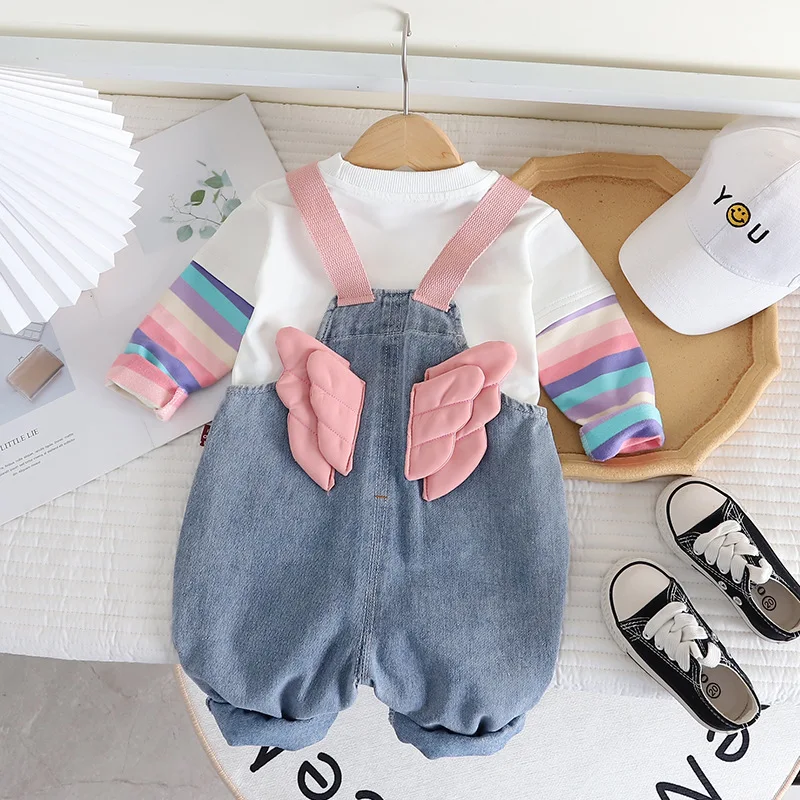 2024 Autumn 2pcs Cute Baby Girl Outfit Cartoon Print Patchwork Blouse Winglet Denim Overalls Fashion Kids Sets