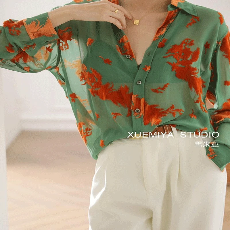 Green Women\'s Clothing Small Jacquard Ice Silk Cool Summer Thin Loose POLO Collar Single Breasted Commute Korean Version Blouse