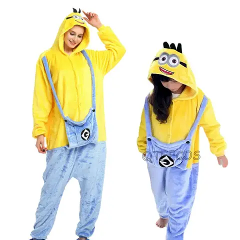 Minions Kigurumi Flannel Zipper Onesie Cosplay Anime Costume Halloween Winter Pajamas Halloween Christmas Family Clothing