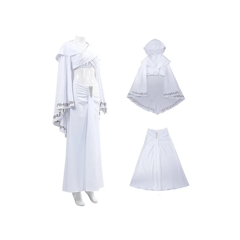 Padme Cosplay Amidala Abito bianco Costume Film Spazio Battaglia Travestimento Completo bianco Abiti Mantello con cappello Gonne Abiti di Halloween