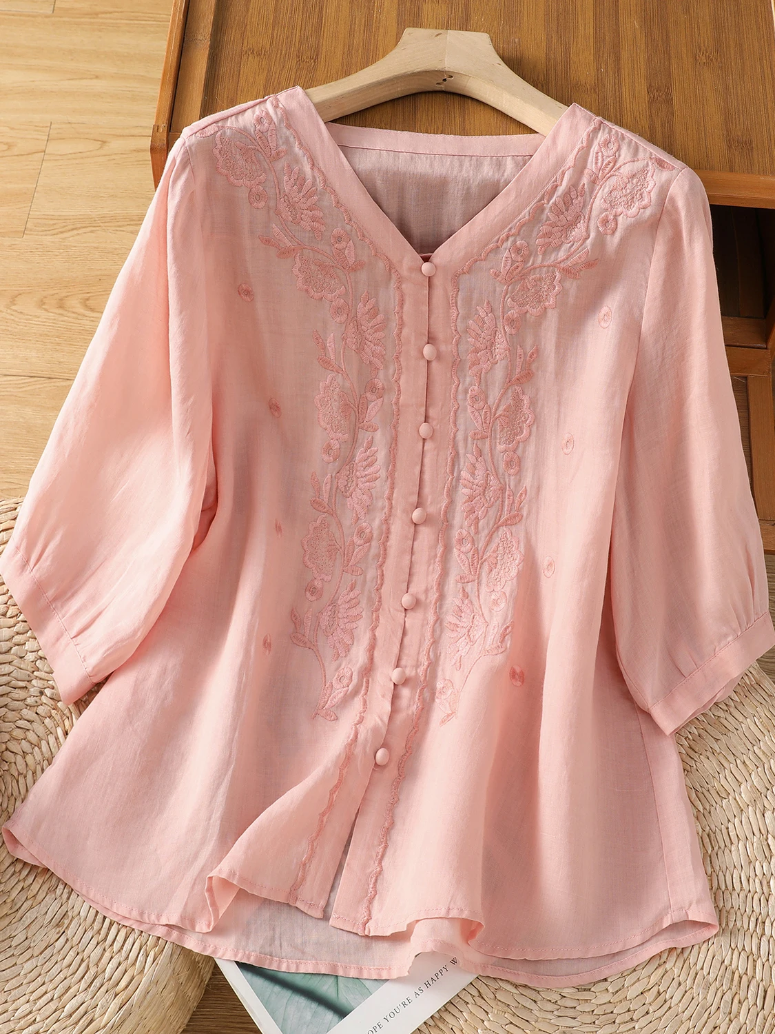 Женский летний свободный топ из хлопка и льна с вышивкой в китайском стиле в стиле ретро, V-Ne, топ пяти четвертей све