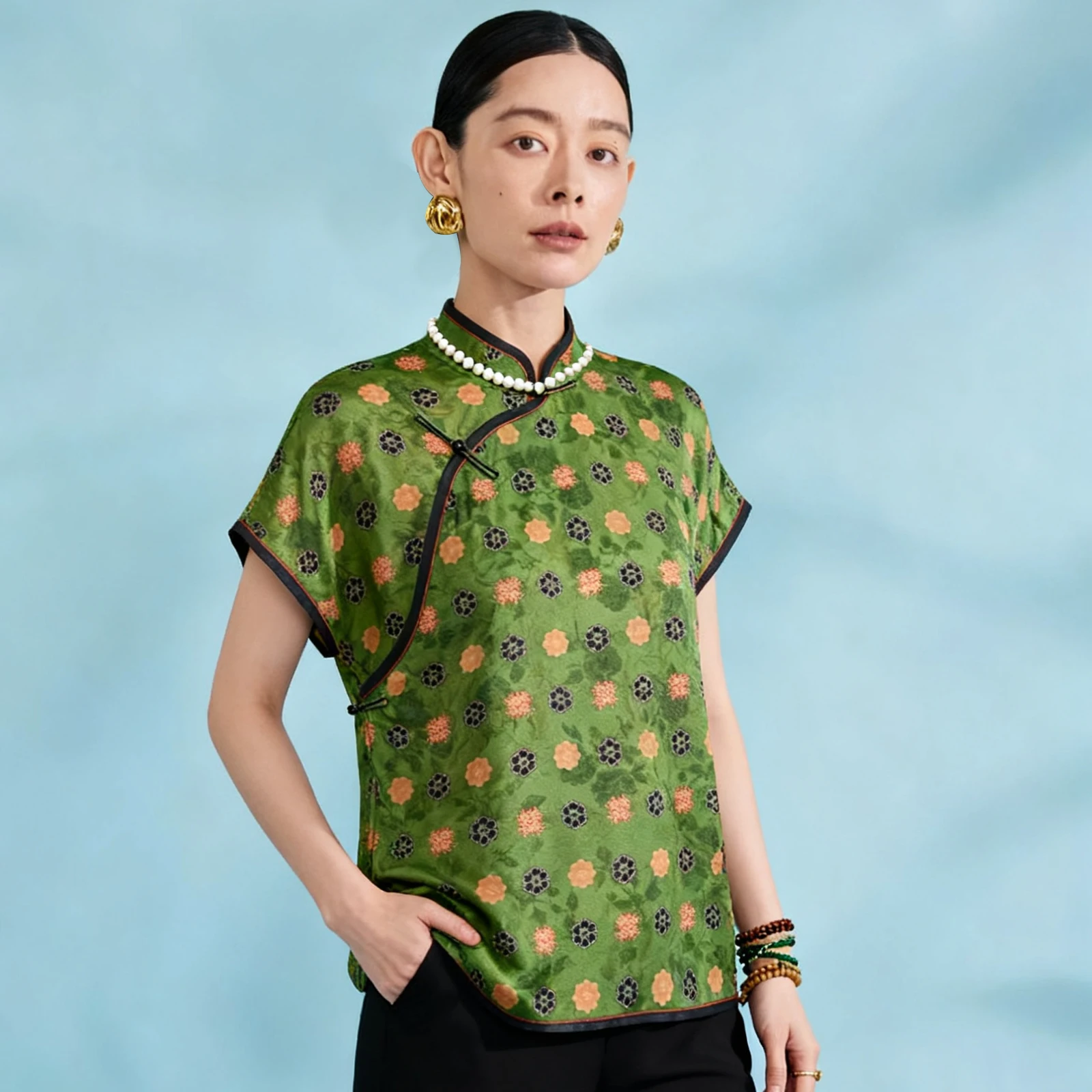 

LI SILK CLOUD xiangyunsha Stand-Collar Short Sleeve Top，Ancient Style Oriental Patterns Guangdong Black Pearl Guangdong Gauze