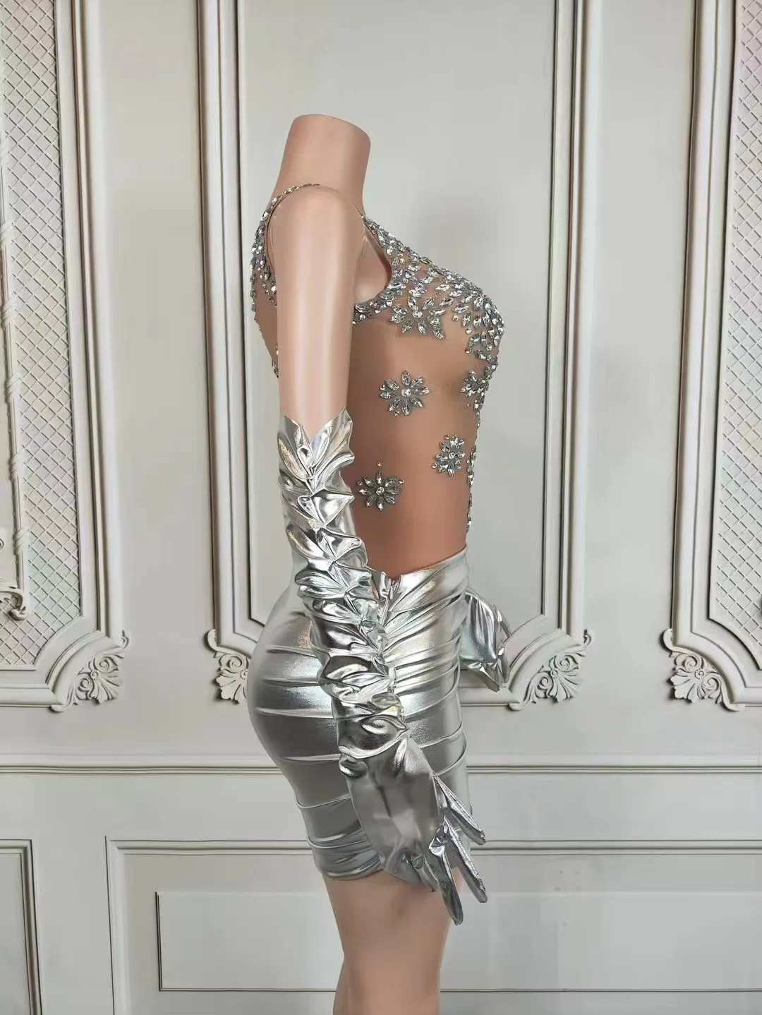 Vestido corto Sexy con diamantes de imitación para mujer, con guantes, cristal transparente, club nocturno, fiesta, actuación en escenario, traje ajustado