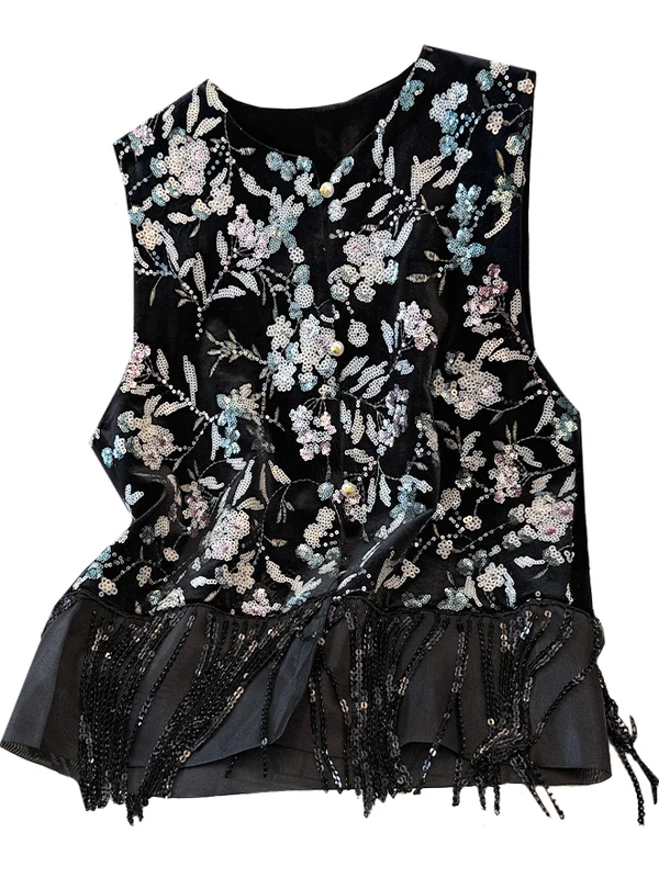 

Женский ранняя осень, новый жилет с блестками, тяжелый рабочий многослойный топ с вышивкой, китайский национальный топ