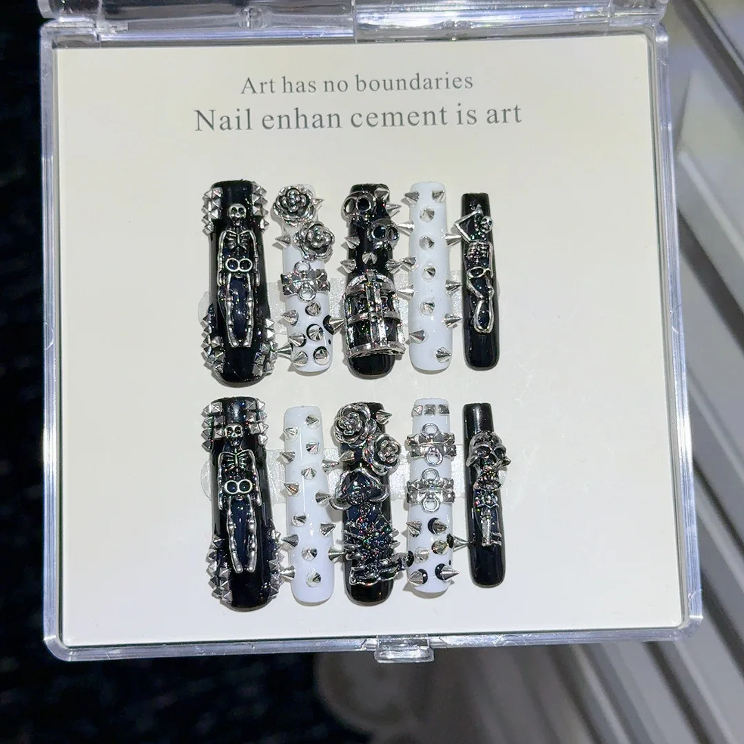 

10pcs Handmade Long Coffin Press on Nails Halloween Cyberpunk Dark Rivet Design False nails European Heavy Metal Fake Nail Tips