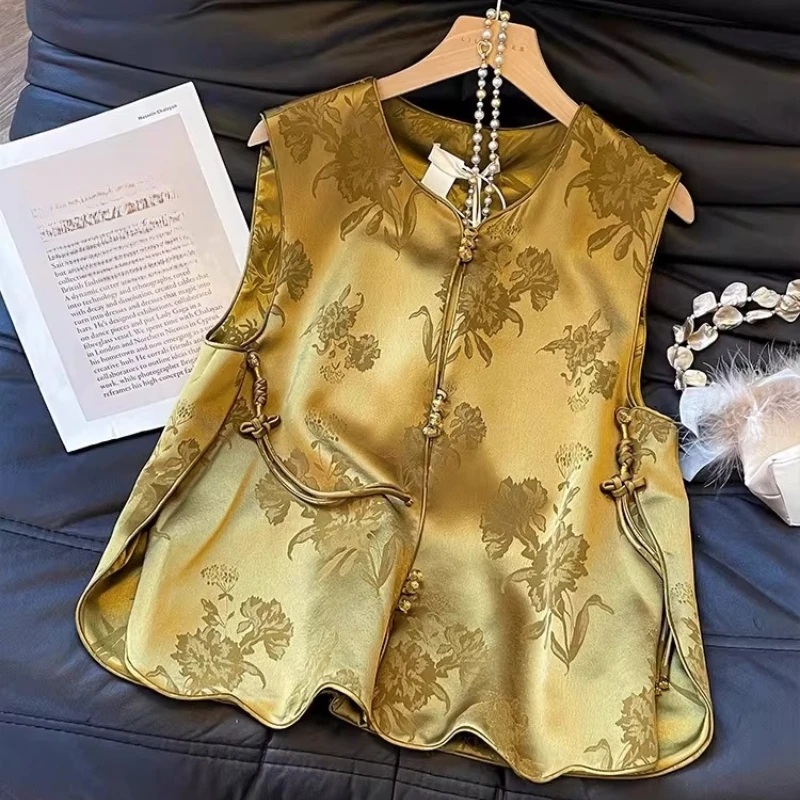 

2026 Spring Summer Women Jacquard Floral Sleeveless Tassel Gold Vest Coat , Woman Elegant Chinese Style Dobby Flower Vests Coats