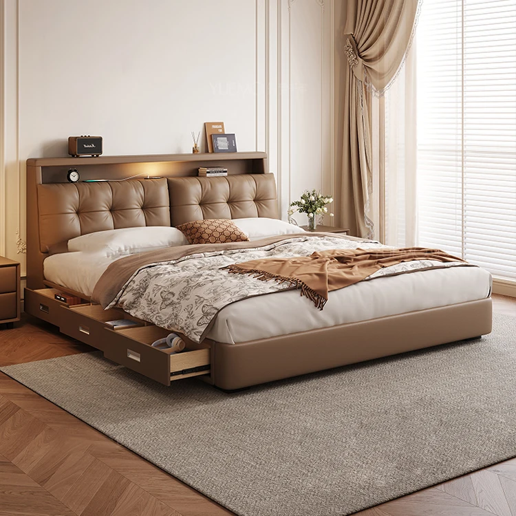 

For Customizable Bedroom Furniture Set Comfortable Soft Bed Modern Deluxe Double Bed Frame with Storage Night Lamp Made From Lea