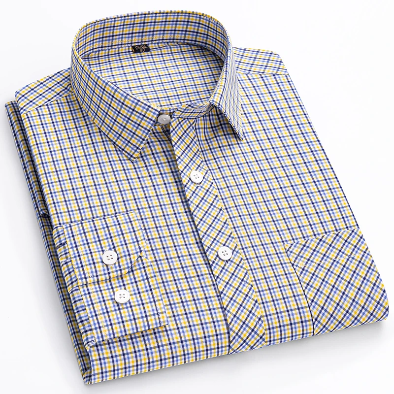 새로운 남성용 긴팔 셔츠는 시원하고 캐주얼합니다. 봄과 여름을 위한 얇고 면 소재의 스트리트웨어 체크 스타일입니다.