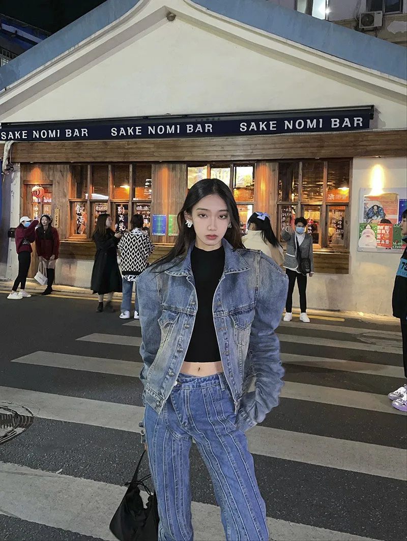 2023 Fall New Fashion Casual Denim Coats Turn-down Collar Single Breasted Crop Jackets Women Chic Patchwork Long Sleeve Outwears