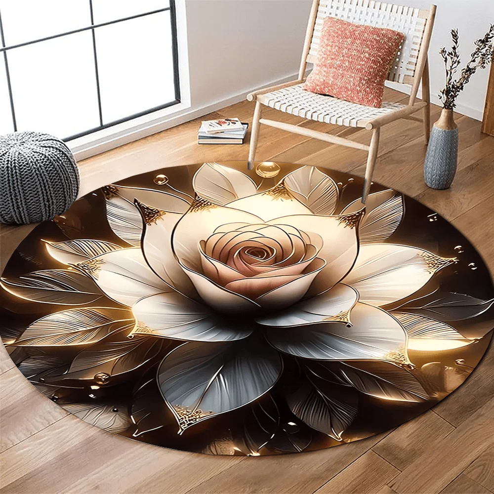 Rose Flower Round Rug Luxurious Flannel Doormat Floral Theme Floor Mat Living Room Dining Room Decor Elegant Non Slip AreaCarpet