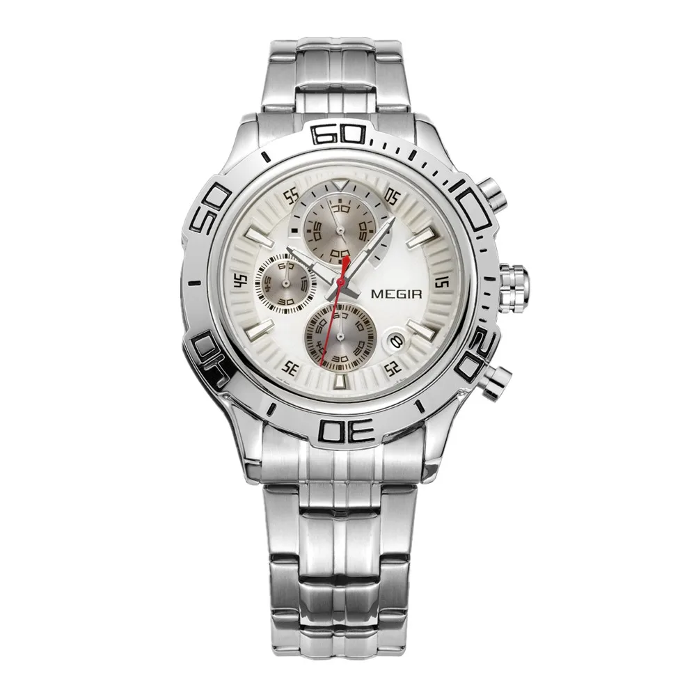 MEGIR 2019 Classic Men Watch Solid Stainless Steel Band Chronograph Calendar Luminous Hands Waterproof Quartz Watches