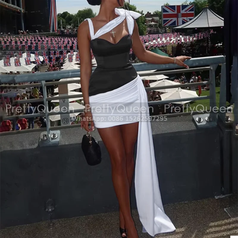 

Short Sheath Evening Dress With Waistline Cap Customized Black and White Sleeveless Mini Prom Dresses For Women