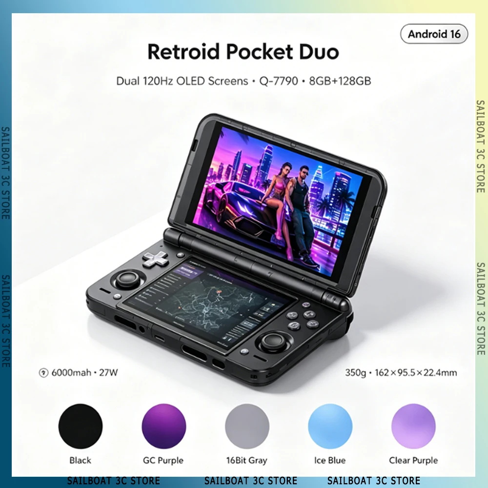 Retroid Pocket Duo Clamshell Dual OLED Screen Handheld Console Q-7790 8GB RAM 128GB Android 16 120Hz 6000mAh PS2 3DS Emulator