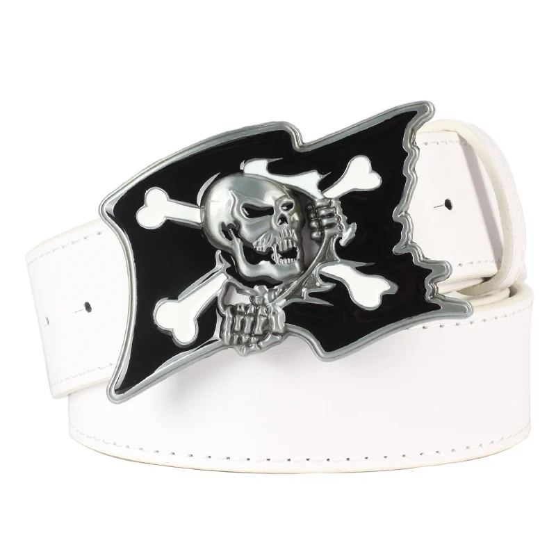 Ceinture en cuir PU avec boucle en métal, motif tête de mort, squelette, drapeau de Pirate, à la mode