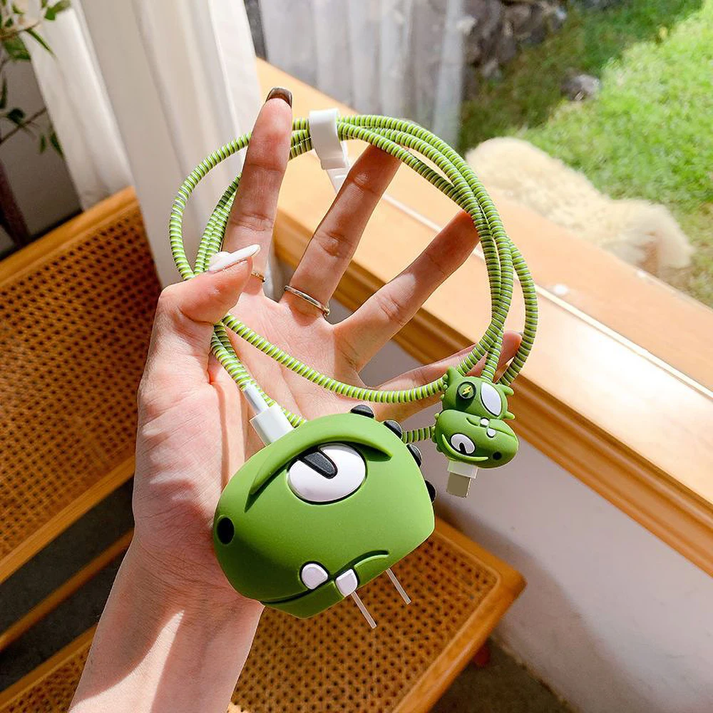 Cute Cartoon Dinosaur USB Cable Data Line Protector Cover For iPhone 18/20W Fast Charging Case Winder Organizer Accessories