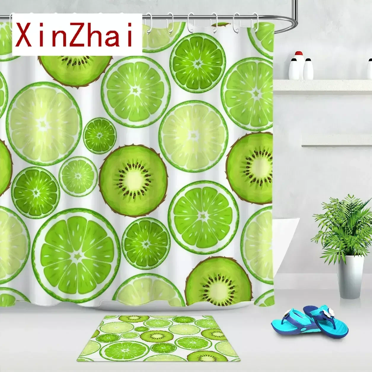 Fruits Theme Green Lemon Kiwifruit Shower Curtain Set Waterproof Fabric