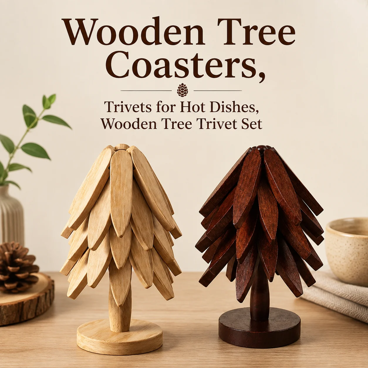 Foldable Kitchen Wooden Trivets for Hot Dishes Tree Shape Trivet Set Hot Dishes Natural Kitchen Trivet for Pot Bowl Hot Dishes