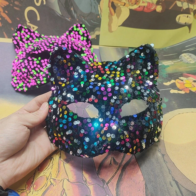 Maschere colorate per travestimento da donna con gatto con paillettes Halloween Natale Incontri sexy Carnevale Costume da festa Cosplay Accessori per il viso da ballo