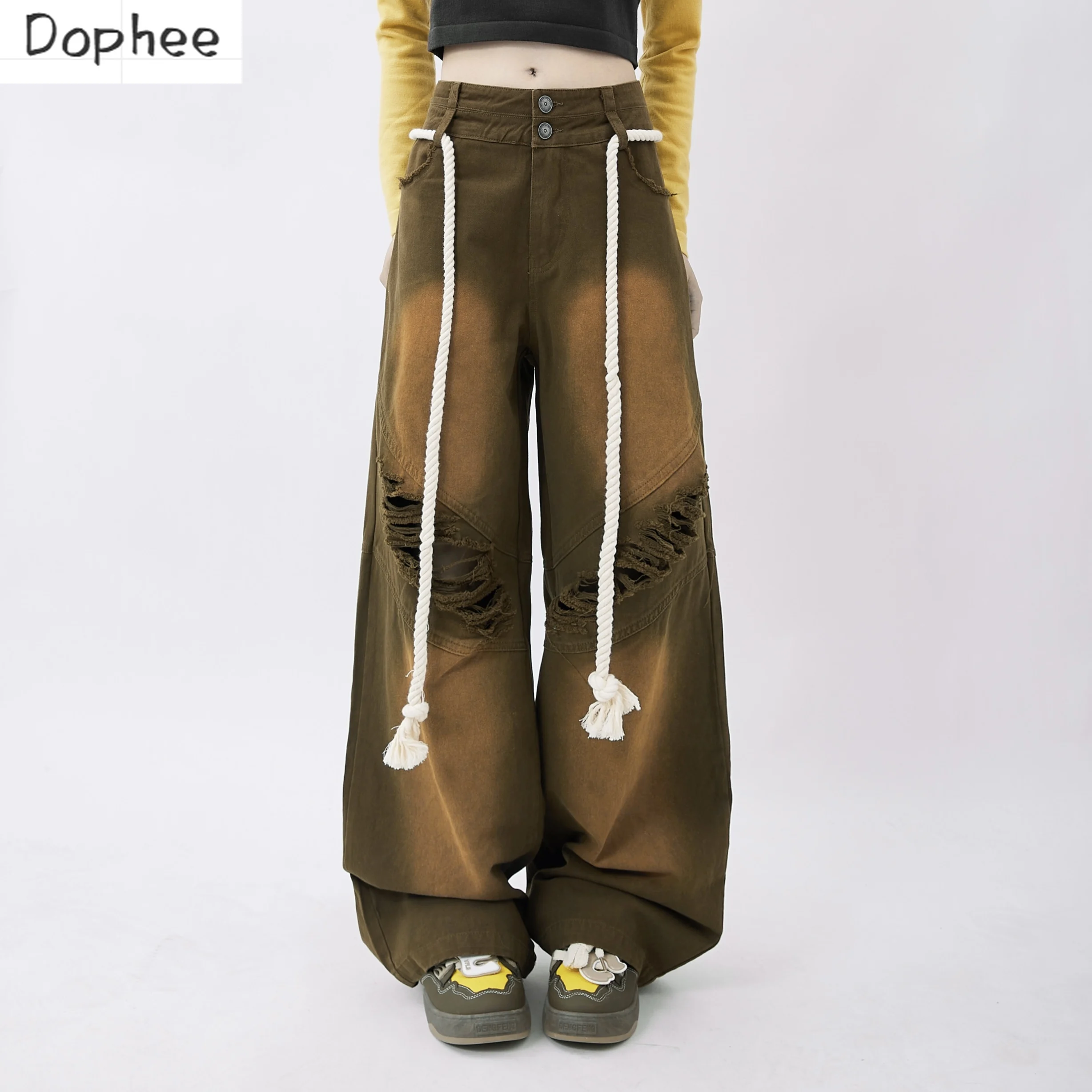 Dophee New Autumn Women Jeans Dopamine Vintage All-match High Waist Hole Straight Pants Streetwear Loose Long Denim Trousers