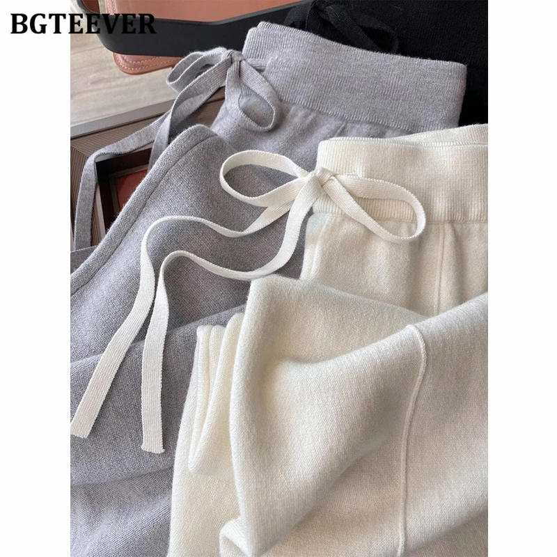 BGTEEVER Autumn Winter Fashion High Waist Lace-up Female Straight Knitted Trousers Casual Loose Women Wide Leg Sweater Pants