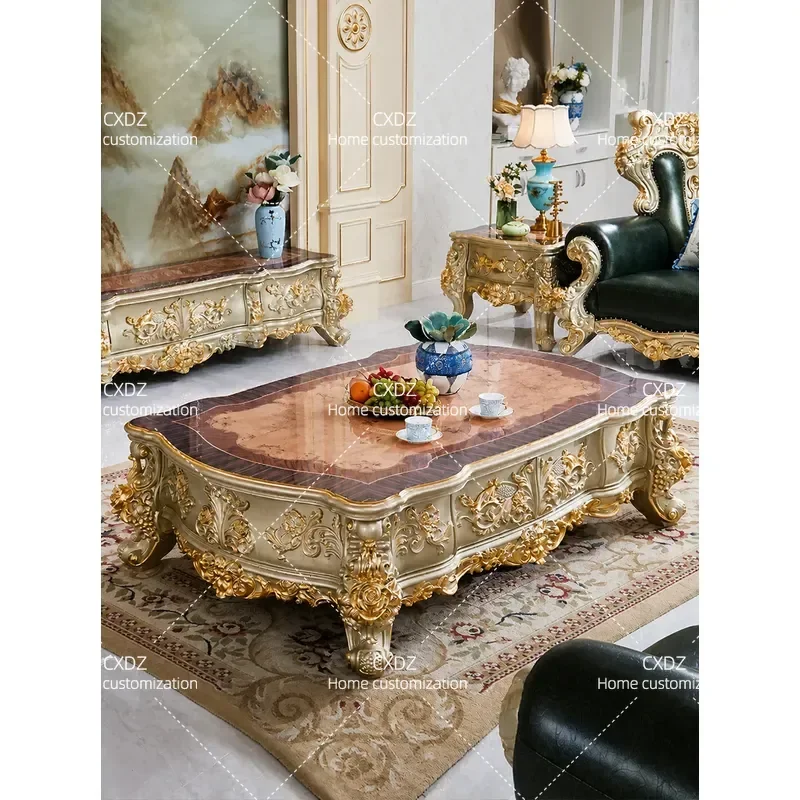 Solid Wood Carved Flower Coffee Table with Marble Top Champagne Gold Base Large Living Room Furniture for High End Villa