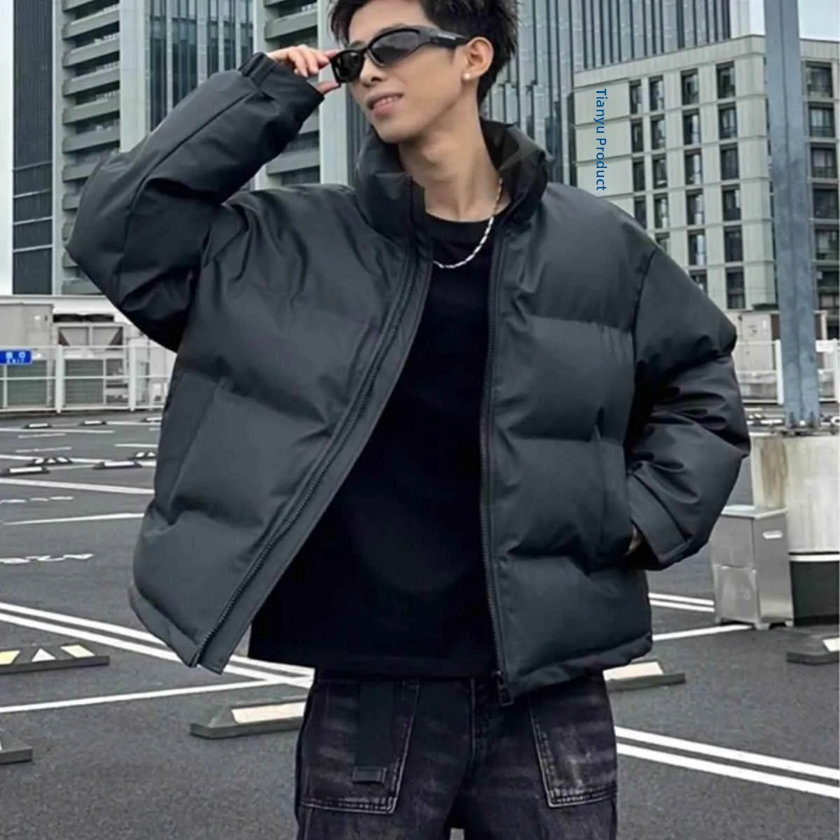 

American High Street Embroidered PU Leather Jaet down Jaet Men's High-End ort Thiened Winter Outerwear Bread Cotton