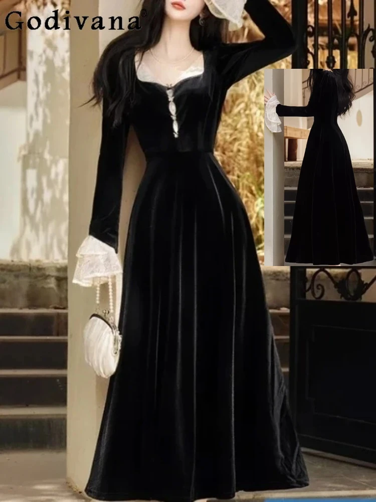 

Autumn Winter Fashion Square Neck Temperament Slim Unique Beautiful Bottom Dress Black Versatile Elegant Party Velvet Dresses